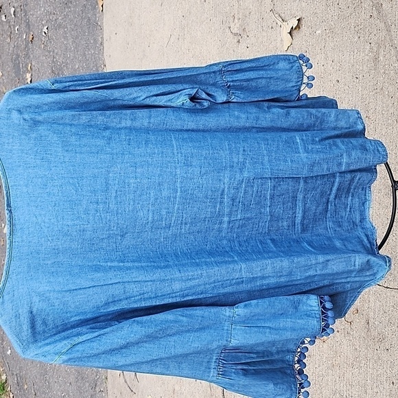 Hester & Orchard Vneck Pom Pom Bell Sleeve‎ Blue Jean Sz. XL Tunic - Picture 4 of 7